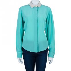 Pre Owned بلوزة كلوي ثنائية اللون حرير ياقة بيتر بان L