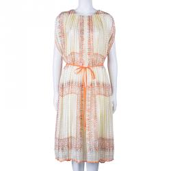 Pre Owned Chloe Orange Foulard Print Pleated Silk Dress M