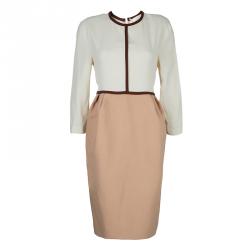 Chloe Cream and Brown Long Sleeve Shift Dress M
