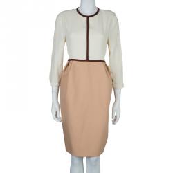 Chloe Cream and Brown Long Sleeve Shift Dress M