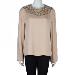 Chloe Beige Embellished Long Sleeve Silk Blouse L
