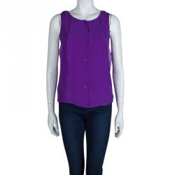 Pre Owned بلوزة كلوي حرير بنفسجي بأزرار أمامية وبلا أكمام S