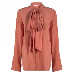 Chloe Peach Silk Long Sleeve Tie Detail Blouse M