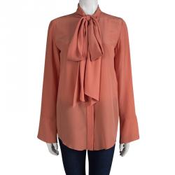 Chloe Peach Silk Long Sleeve Tie Detail Blouse M
