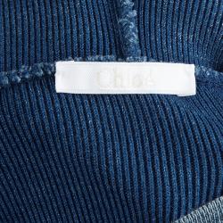 Pre Owned Chloe Blue Washed Indigo Knit Kangaroo Pocket Hooded Oversized Poncho XS/S