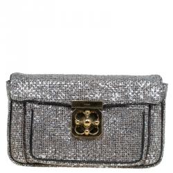 Pre Owned Chloe Metallic Grey Tweed Mini Elsie Clutch