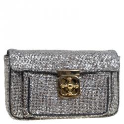 Pre Owned Chloe Metallic Grey Tweed Mini Elsie Clutch