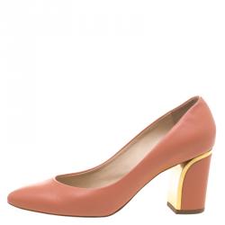 Pre Owned Chloe Peach Leather Beckie Block Heel Pumps Size 37
