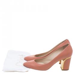 Pre Owned Chloe Peach Leather Beckie Block Heel Pumps Size 37