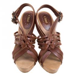 Pre Owned Chloe Brown Leather Strappy Wooden Sandals Size 41