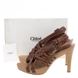 Pre Owned Chloe Brown Leather Strappy Wooden Sandals Size 41