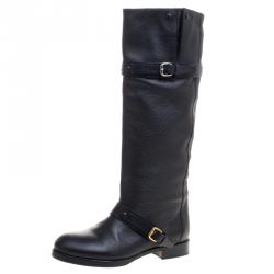 Pre Owned Chloe Black Leather Double Buckle Calf Length Boots Size 38