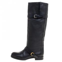 Pre Owned Chloe Black Leather Double Buckle Calf Length Boots Size 38