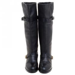 Pre Owned Chloe Black Leather Double Buckle Calf Length Boots Size 38