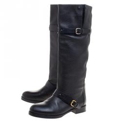 Pre Owned Chloe Black Leather Double Buckle Calf Length Boots Size 38