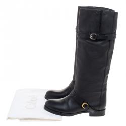 Pre Owned Chloe Black Leather Double Buckle Calf Length Boots Size 38