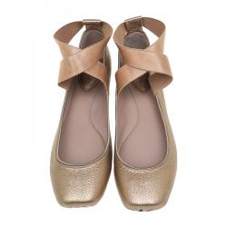 Pre Owned Chloe Bronze Leather Criss Cross Ballet Flats Size 40