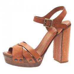 Pre Owned Chloe Tan Leather Platform Ankle Strap Sandals Size 39