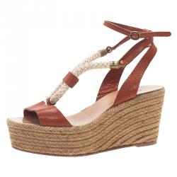 Chloe Tan Leather Rope Detail Espadrille Wedge Sandals Size 38