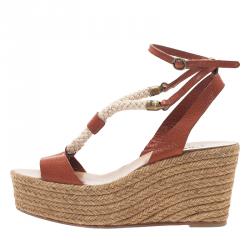 Pre Owned صندل إسبادريل كلوي جلد بني فاتح حبل مزين كعب روكي مقاس 38