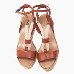 Chloe Tan Leather Rope Detail Espadrille Wedge Sandals Size 38