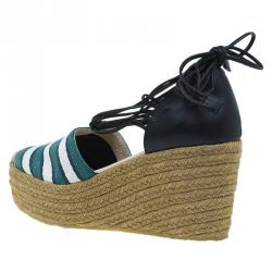Pre Owned Chloe Green and White Striped Canvas and Leather Tie-Up Espadrille Wedges Size 39