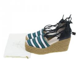 Pre Owned Chloe Green and White Striped Canvas and Leather Tie-Up Espadrille Wedges Size 39