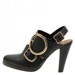 Pre Owned Chloe Black Leather Buckle Detail Slingback Sandals Size 39