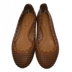 Pre Owned Chloe Brown Perforated Leather Lauren Scalloped Ballet Flats Size 36
