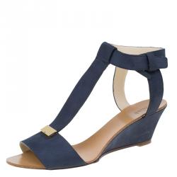 Pre Owned Chloe Navy Blue Nubuck T Strap Ankle Strap Wedge Sandals Size 37