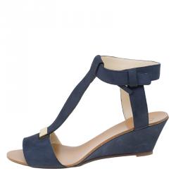 Pre Owned Chloe Navy Blue Nubuck T Strap Ankle Strap Wedge Sandals Size 37