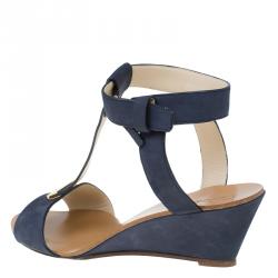 Pre Owned Chloe Navy Blue Nubuck T Strap Ankle Strap Wedge Sandals Size 37