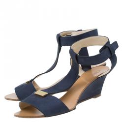 Pre Owned Chloe Navy Blue Nubuck T Strap Ankle Strap Wedge Sandals Size 37