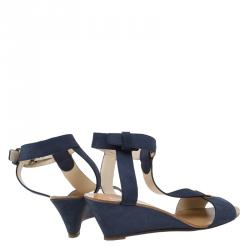 Pre Owned Chloe Navy Blue Nubuck T Strap Ankle Strap Wedge Sandals Size 37