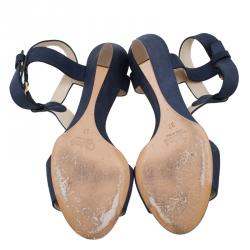 Pre Owned Chloe Navy Blue Nubuck T Strap Ankle Strap Wedge Sandals Size 37