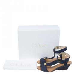 Pre Owned Chloe Navy Blue Nubuck T Strap Ankle Strap Wedge Sandals Size 37