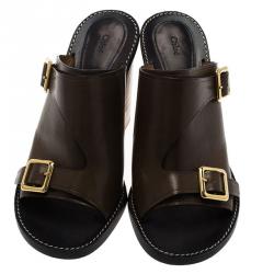 Pre Owned  Chloe Brown Leather Buckle Detail Block Heel Mule Sandals Size 39.5