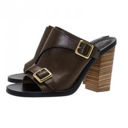 Pre Owned  Chloe Brown Leather Buckle Detail Block Heel Mule Sandals Size 39.5