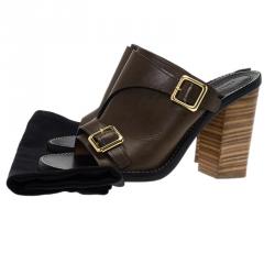 Pre Owned  Chloe Brown Leather Buckle Detail Block Heel Mule Sandals Size 39.5