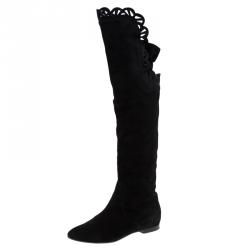 Pre Owned Chloe Black Cutout Suede Over the Knee Boots Size 37.5