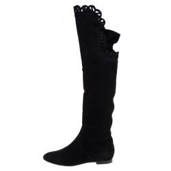 Pre Owned Chloe Black Cutout Suede Over the Knee Boots Size 37.5