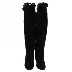 Pre Owned Chloe Black Cutout Suede Over the Knee Boots Size 37.5