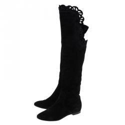 Pre Owned Chloe Black Cutout Suede Over the Knee Boots Size 37.5