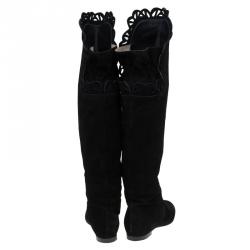 Pre Owned Chloe Black Cutout Suede Over the Knee Boots Size 37.5