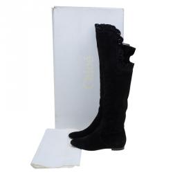 Pre Owned Chloe Black Cutout Suede Over the Knee Boots Size 37.5