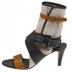 Chloe Brown Leather and Canvas Multi Strap Gladiator Sandals Size 39