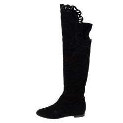 Pre Owned Chloe Black Cutout Suede Over the Knee Boots Size 38