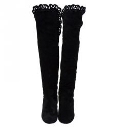 Pre Owned Chloe Black Cutout Suede Over the Knee Boots Size 38