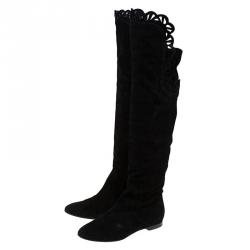 Pre Owned Chloe Black Cutout Suede Over the Knee Boots Size 38