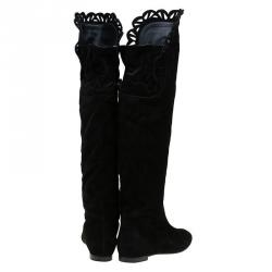 Pre Owned Chloe Black Cutout Suede Over the Knee Boots Size 38